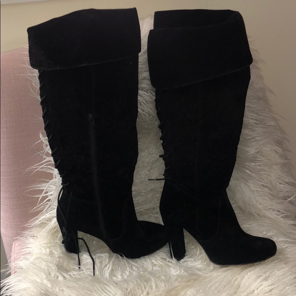 Black suede over the knee heeled boots